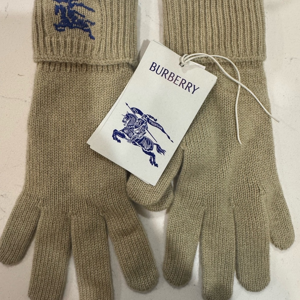 Burberry Tan Wool Gloves with Blue Logo